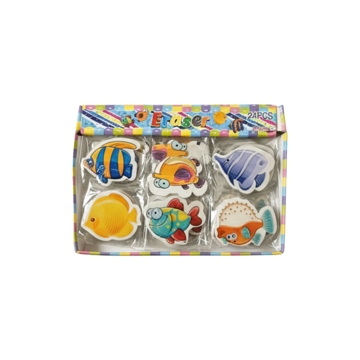 24-Piece Tropical Fish Cartoon Eraser Set – Fun Marine Life Pencil Erasers for Kids, Classrooms, and Party Favors (Model A16/1, E20/1)